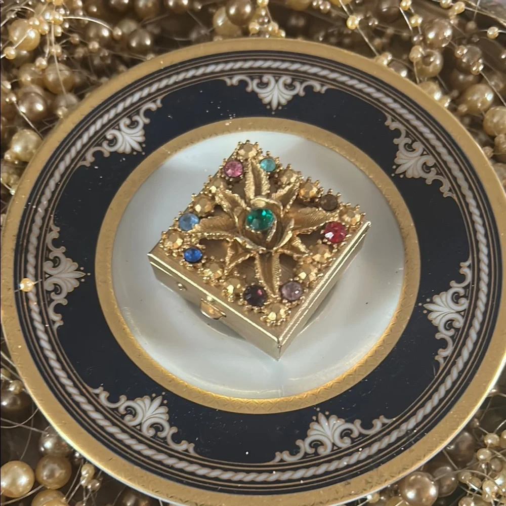 Vintage Gold & Rhinestone Pill Box
